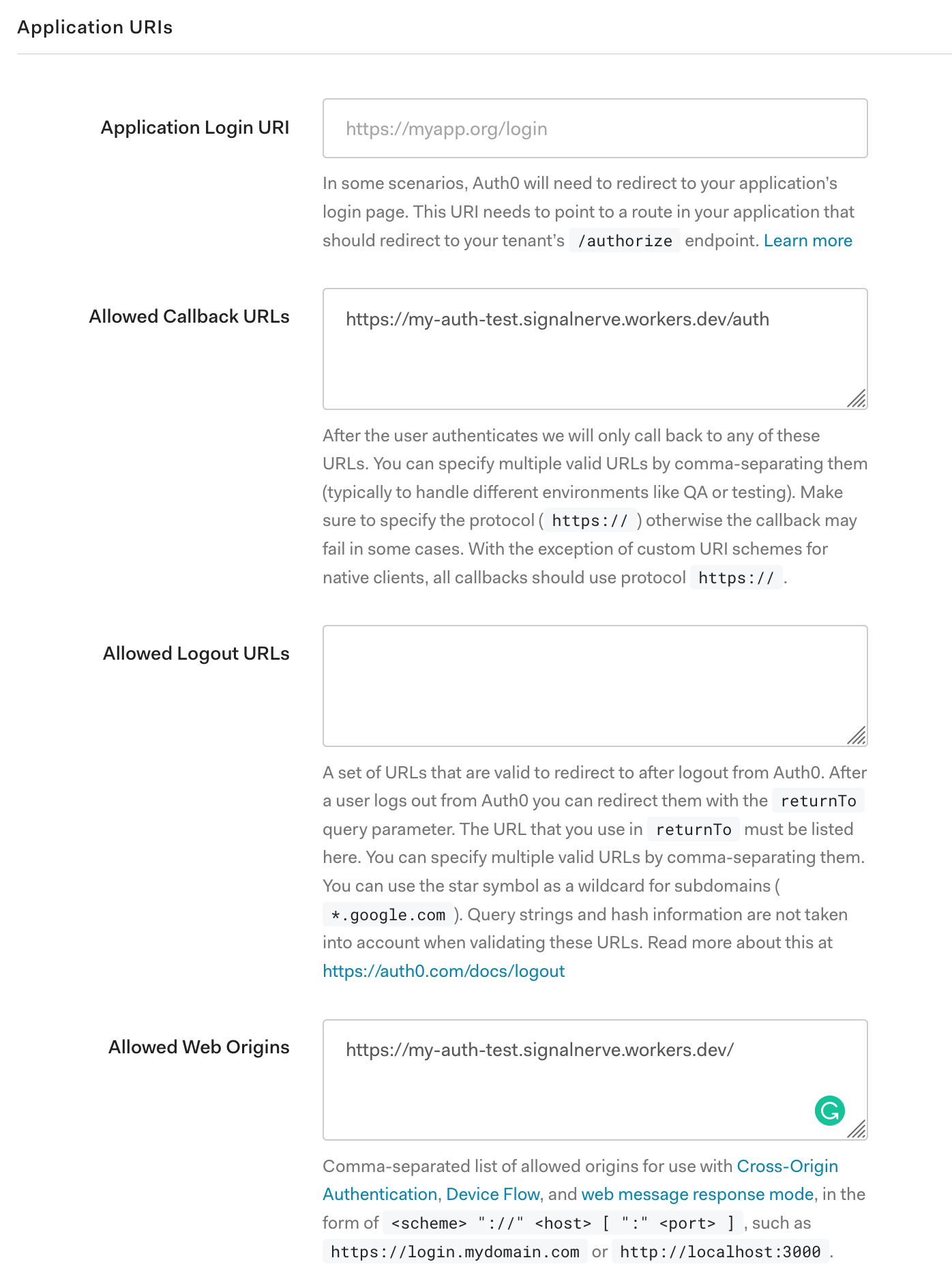 Customize Auth0 allowed URLs in the Auth0 dashboard