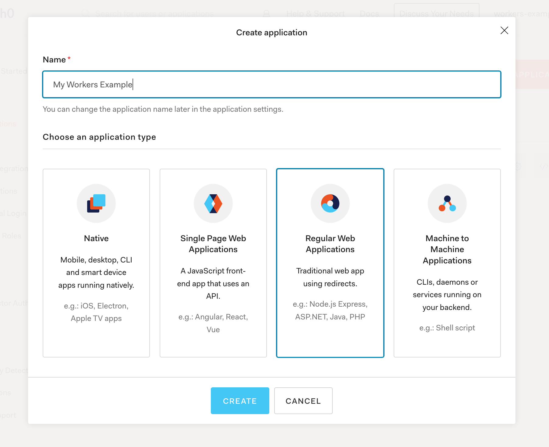 Create an Auth0 application by selecting your application type